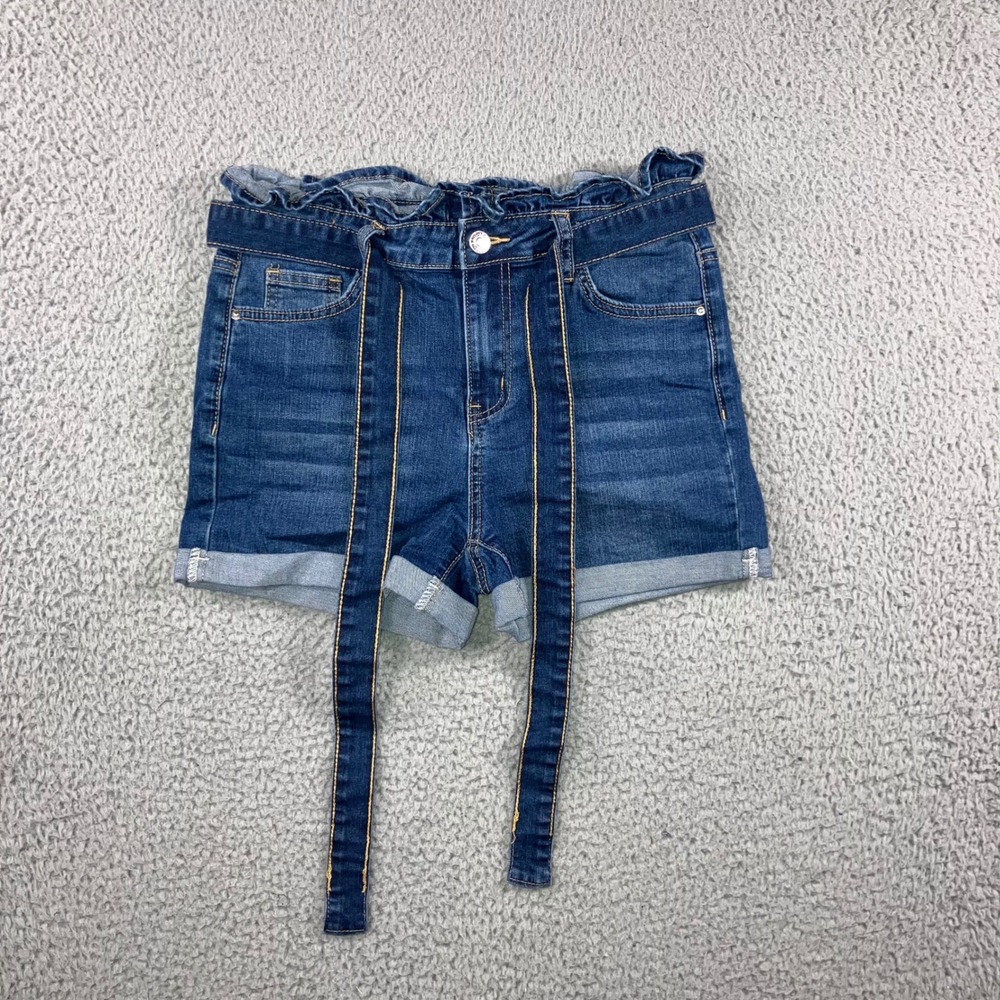 Tie Waist Shorts M 27 High Waist Denim Jorts Cuffed Hem Boho Festival Retro Chic